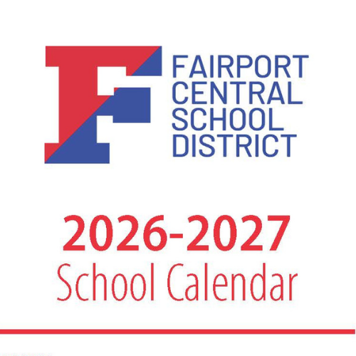A graphic of the Fairport "F" logo with the words "2026-2027 School Calendar"